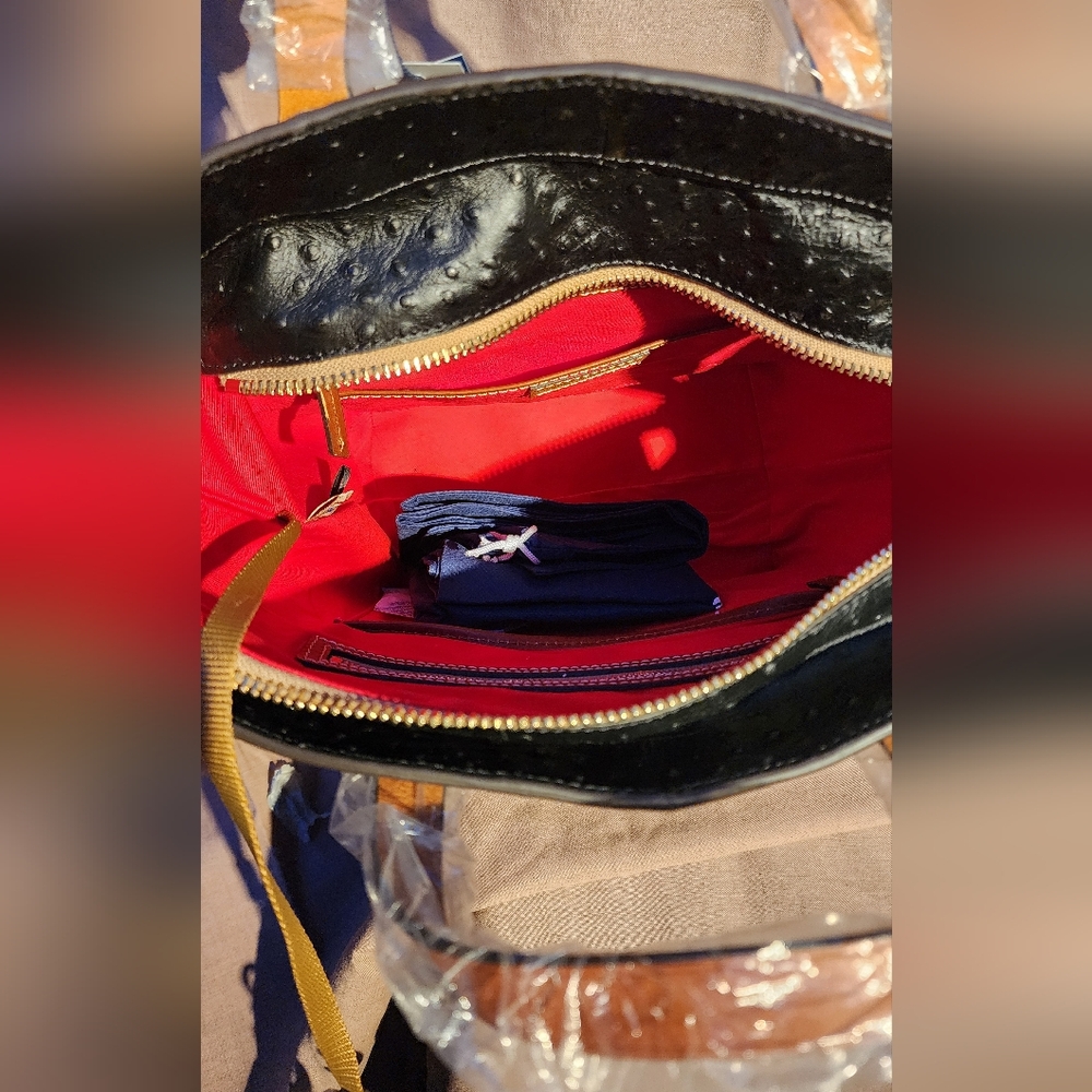 Dooney & Bourke Black and Tan Ostrich-Embossed Tote - Picture 8 of 9